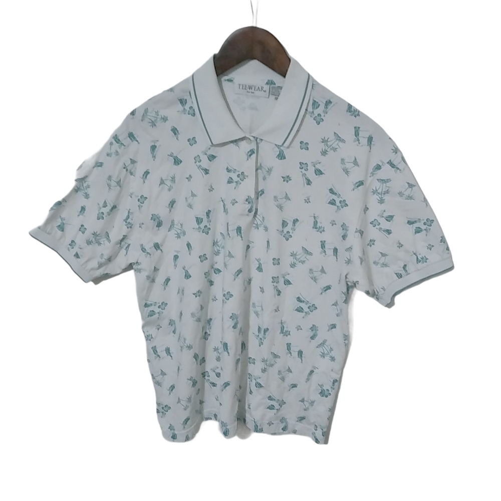 Tee Wear M White Turquoise Cotton Polo Top
